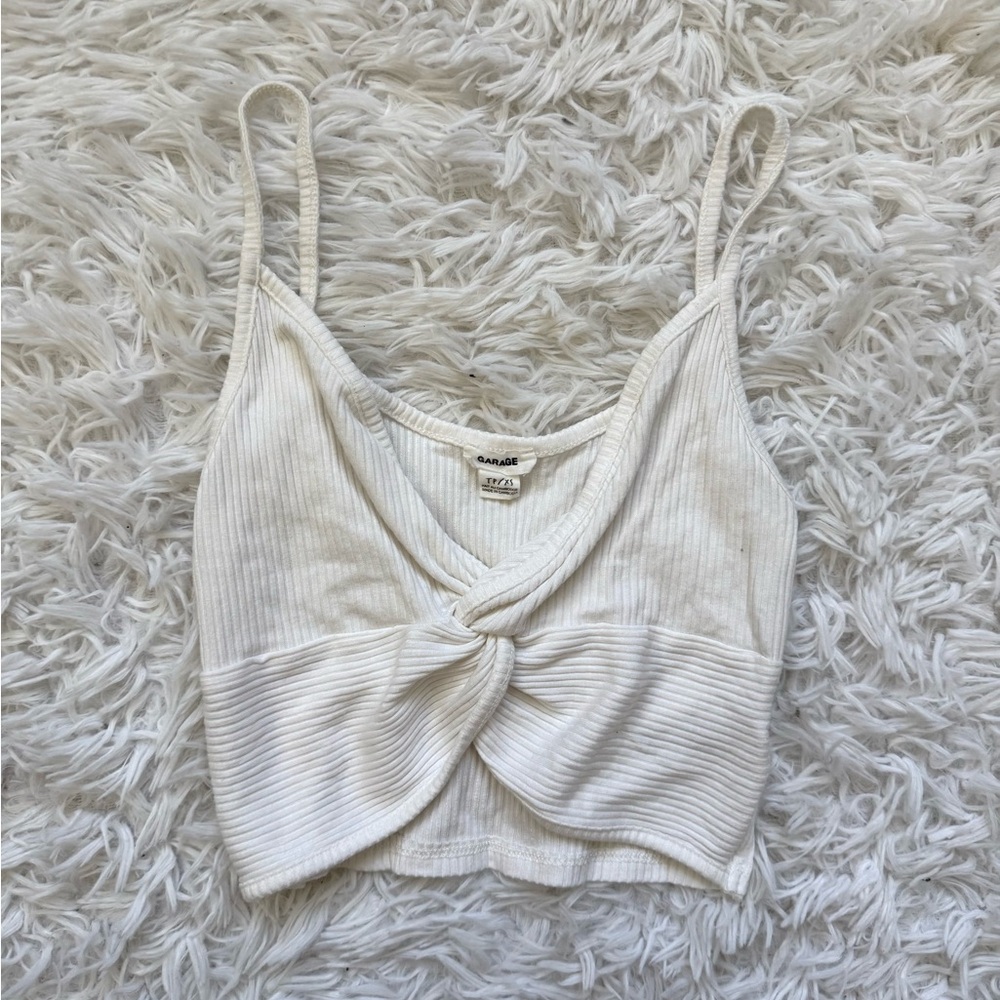 Garage White Ribbed Twist-Front Crop Tank